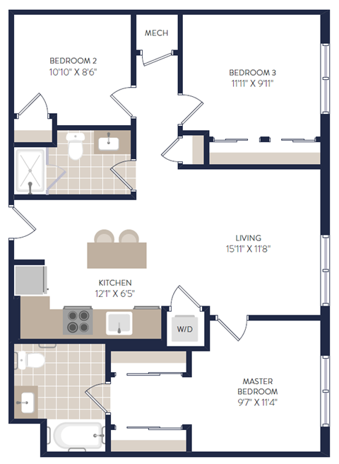 Floor plan for 3 beds, 2 baths, 964 sqft